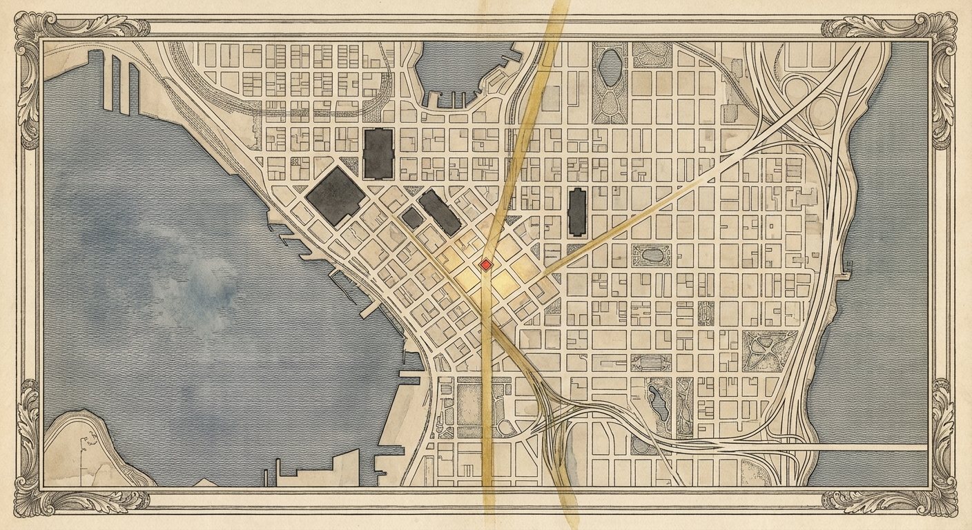 Plan-style overhead map of downtown Seattle with two sightlines crossing at the bullseye block