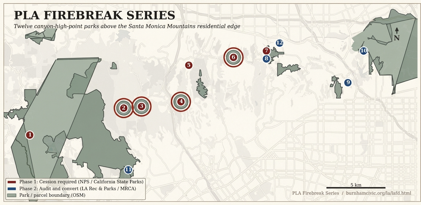 Twelve parks of the PLA Firebreak Series mapped on the Santa Monica Mountains