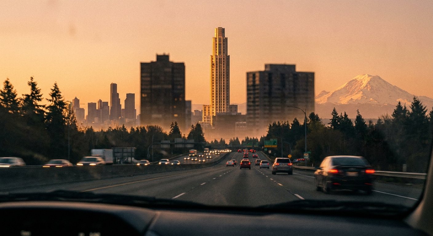 View from I-5 northbound at SeaTac with the summit tower rising in the center of the skyline