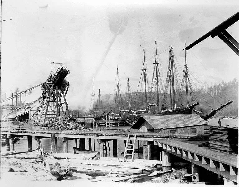 Schooner Pioneer at a Hoquiam mill dock, about 1892